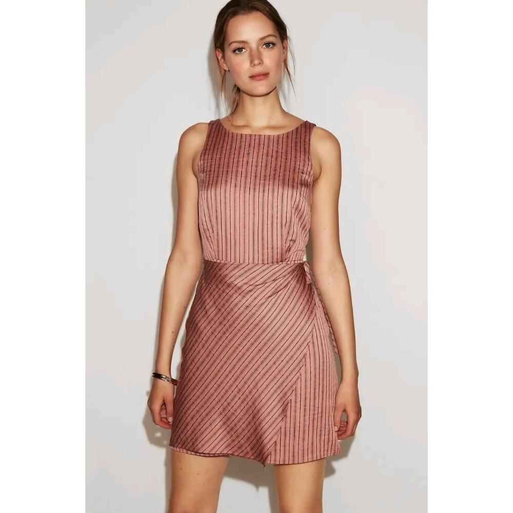 Express Mini Striped Satin Sheath Dress Mauve Pink Wrap Dress peek a boo Back M
